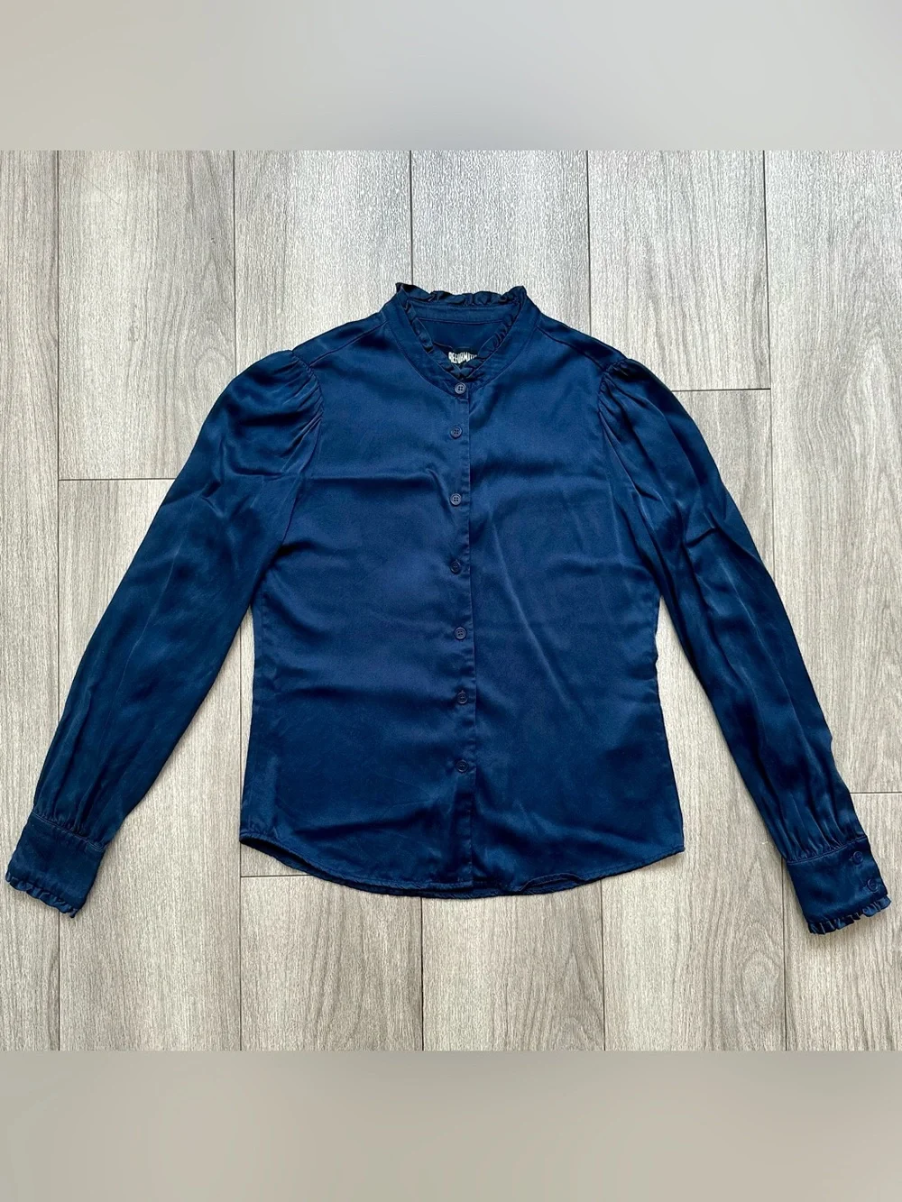 Reformation Navy Blue Silk Ruffle Mock Neck Blouse Puff Sleeve Top XS